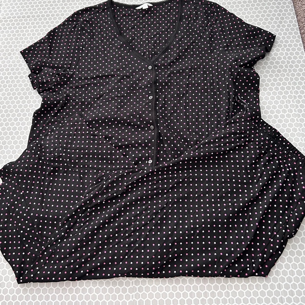 NWT Charter Club Black Button Down Shirt with Pink Polka Dots Pajama Set Size 3X